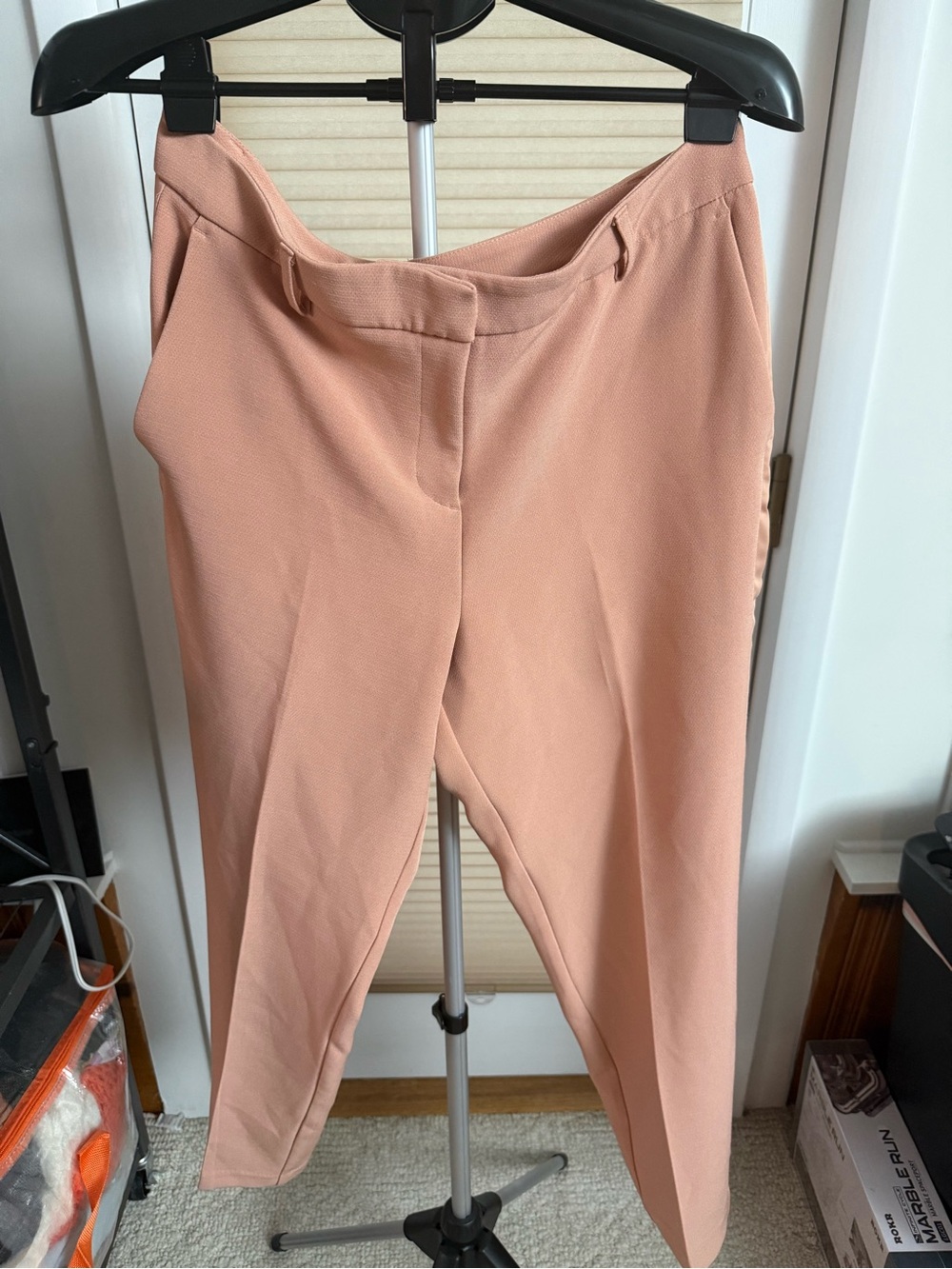 Eva Mendes Peach Straight-Leg Pants satin tuxedo side stripe front crease